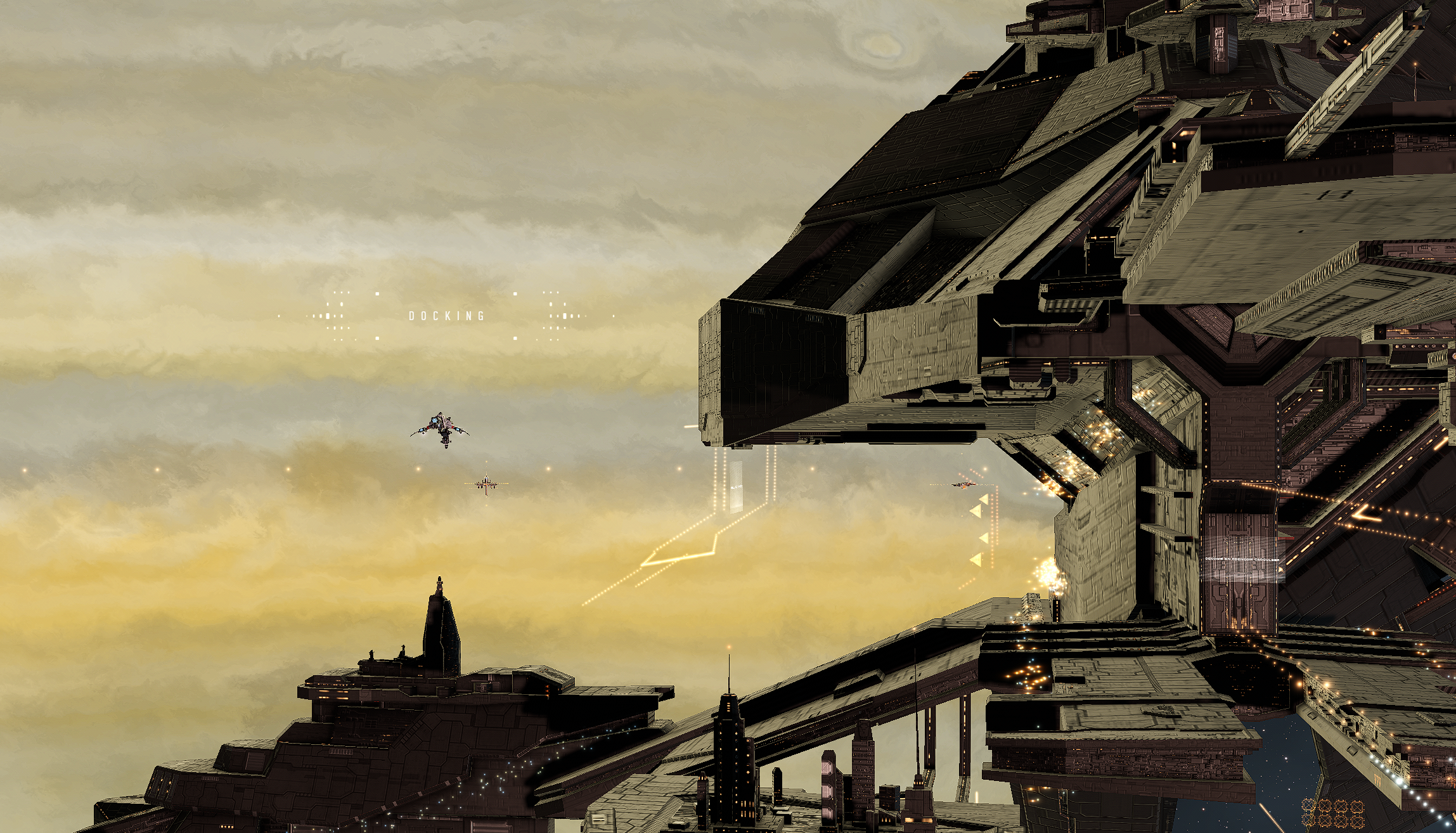 Screenshot of a ship near a space station with text saying 'docking.' There is a giant gas planet in the background.